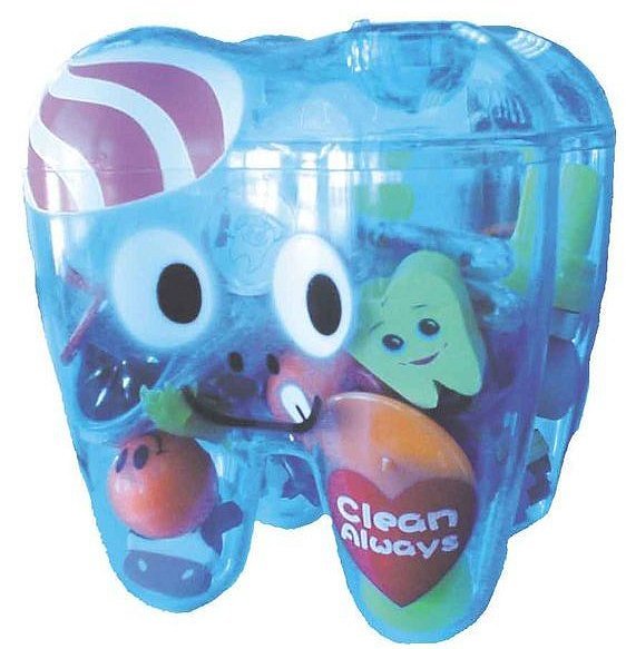 Zahnbehälter Blau, gefüllt mit 70 Produkten für Kinder - Zahnarzt Kinderartikel